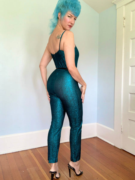 1970s Metallic Turquoise Lurex Catsuit