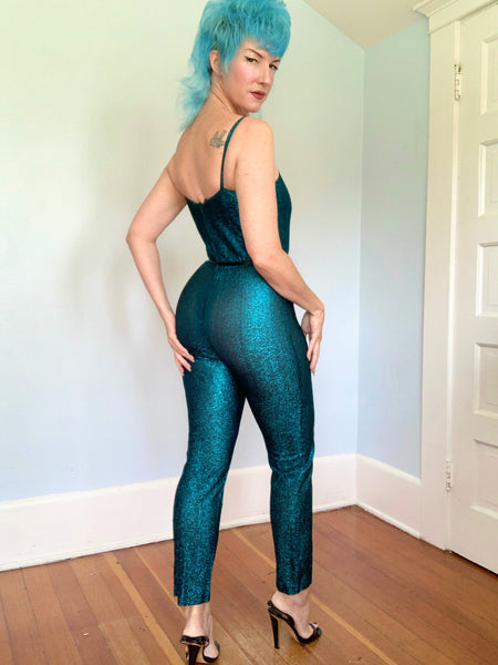 1970s Metallic Turquoise Lurex Catsuit