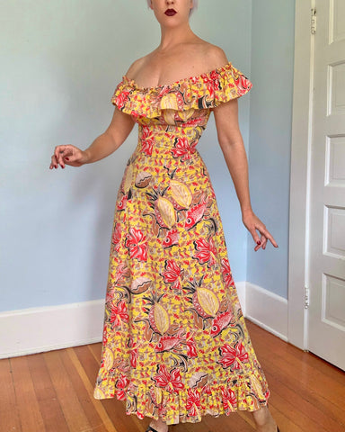 1940s “Surfriders Sportswear” Novelty Print Cotton Hawaiian Maxi Dress
