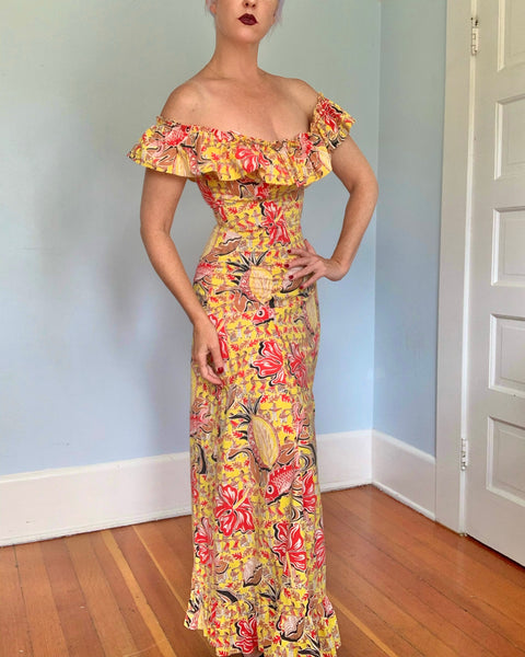 1940s “Surfriders Sportswear” Novelty Print Cotton Hawaiian Maxi Dress