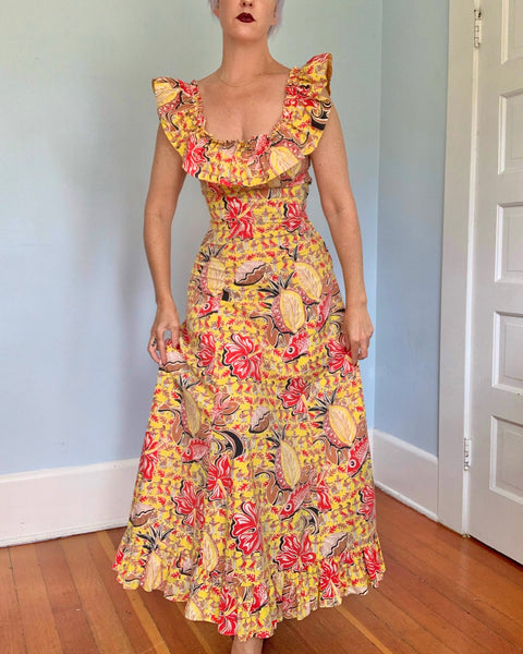 1940s “Surfriders Sportswear” Novelty Print Cotton Hawaiian Maxi Dress