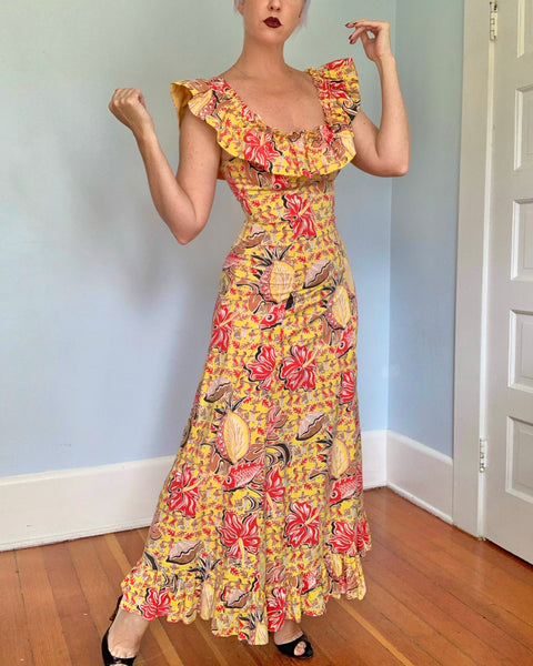 1940s “Surfriders Sportswear” Novelty Print Cotton Hawaiian Maxi Dress