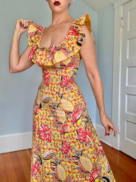 1940s “Surfriders Sportswear” Novelty Print Cotton Hawaiian Maxi Dress