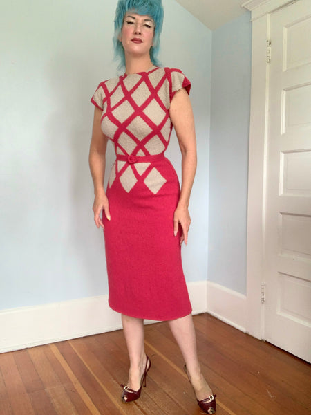 Hand Knit 1940s Wool Boucle Sweater Dress w/ Belt