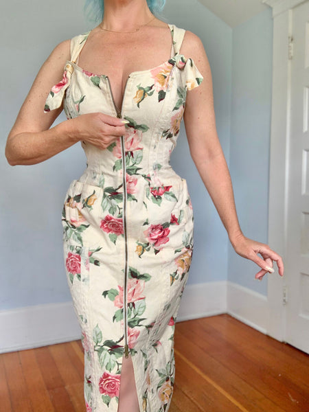1980s “Karen Alexander” Textured Cotton Hourglass 2-Way-Zip Front Wiggle Dress