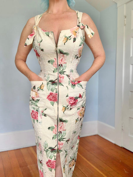 1980s “Karen Alexander” Textured Cotton Hourglass 2-Way-Zip Front Wiggle Dress