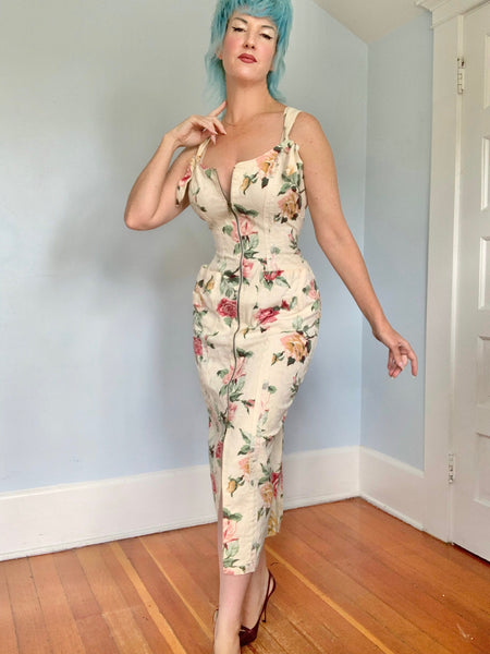 1980s “Karen Alexander” Textured Cotton Hourglass 2-Way-Zip Front Wiggle Dress