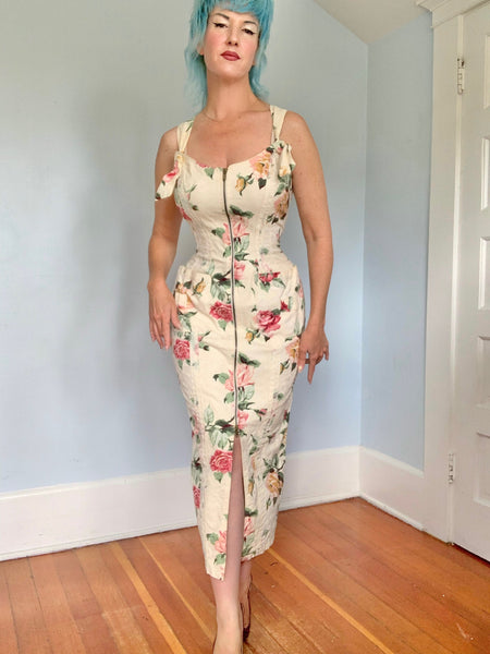 1980s “Karen Alexander” Textured Cotton Hourglass 2-Way-Zip Front Wiggle Dress