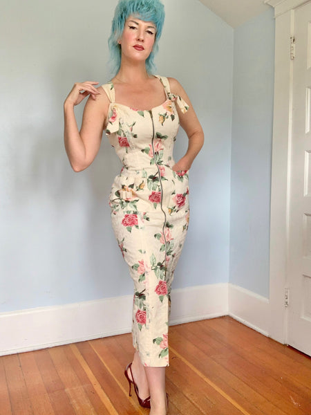 1980s “Karen Alexander” Textured Cotton Hourglass 2-Way-Zip Front Wiggle Dress