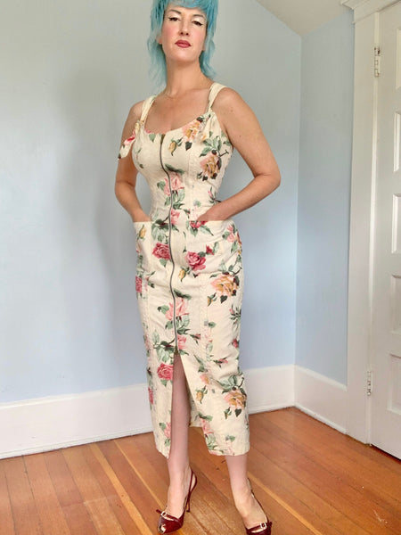 1980s “Karen Alexander” Textured Cotton Hourglass 2-Way-Zip Front Wiggle Dress