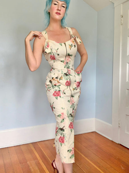 1980s “Karen Alexander” Textured Cotton Hourglass 2-Way-Zip Front Wiggle Dress
