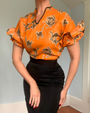 Rare 1930s Fighting Black Cats Halloween Cotton Blouse w/ Rhumba Ruffle Sleeves