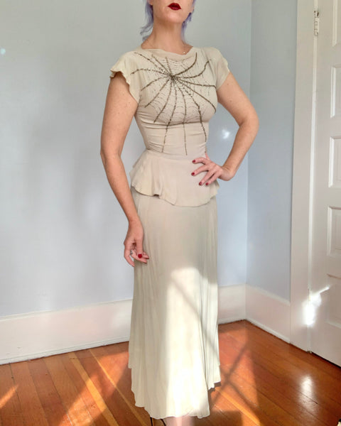 1940s Rayon Crepe Hand Beaded Spiderweb Gown