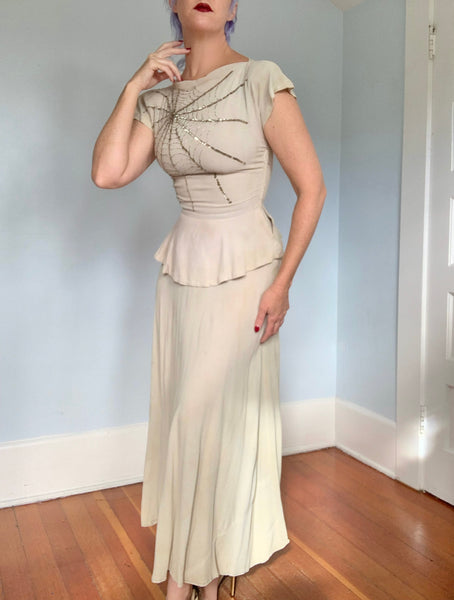 1940s Rayon Crepe Hand Beaded Spiderweb Gown