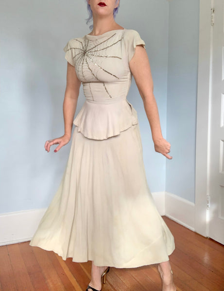 1940s Rayon Crepe Hand Beaded Spiderweb Gown