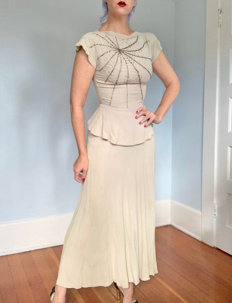 1940s Rayon Crepe Hand Beaded Spiderweb Gown