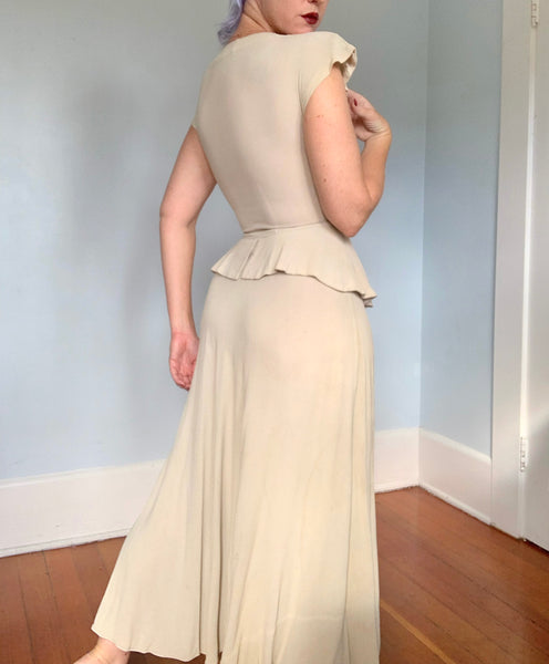 1940s Rayon Crepe Hand Beaded Spiderweb Gown