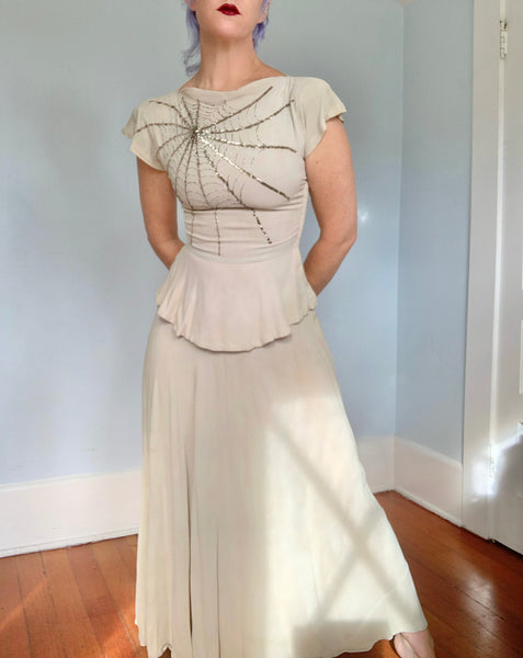 1940s Rayon Crepe Hand Beaded Spiderweb Gown