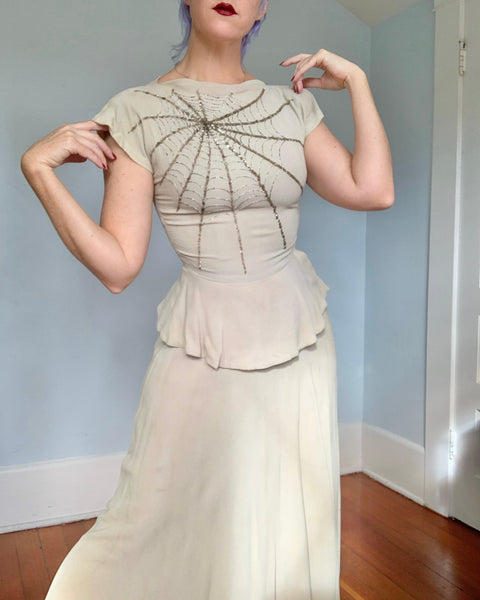 1940s Rayon Crepe Hand Beaded Spiderweb Gown