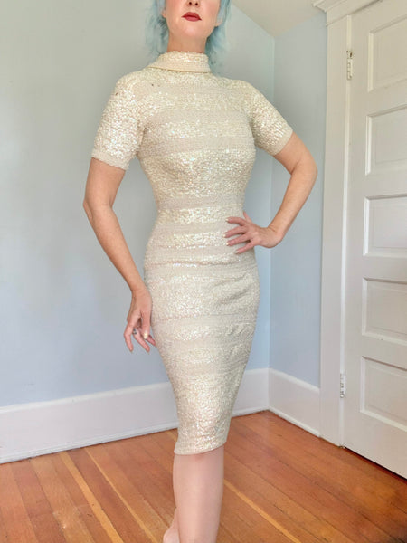 1960s Hand Made Wool Knit Cocktail Dress Covered in Sequins by “Imperial”