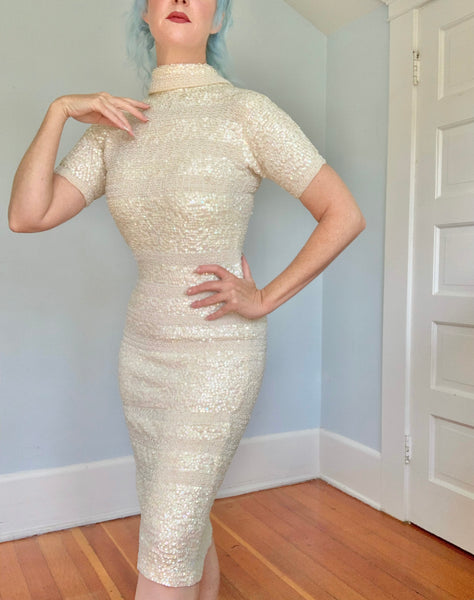 1960s Hand Made Wool Knit Cocktail Dress Covered in Sequins by “Imperial”