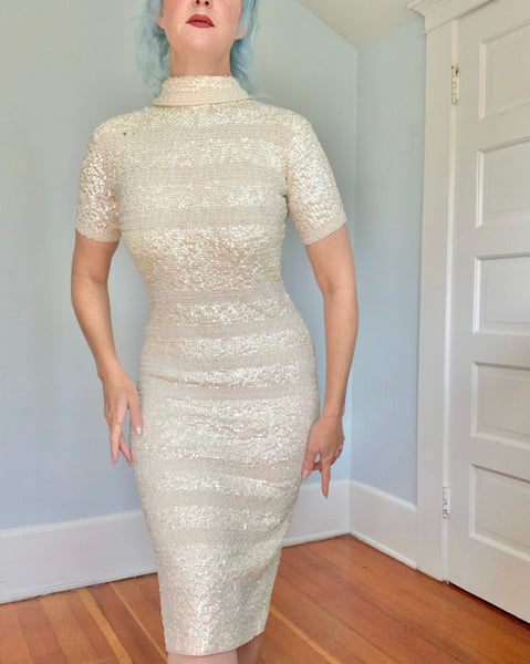1960s Hand Made Wool Knit Cocktail Dress Covered in Sequins by “Imperial”