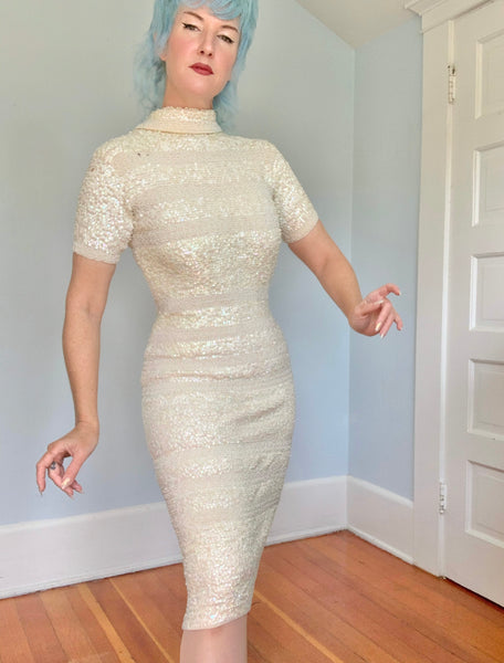 1960s Hand Made Wool Knit Cocktail Dress Covered in Sequins by “Imperial”