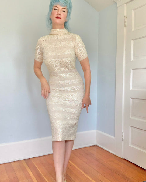 1960s Hand Made Wool Knit Cocktail Dress Covered in Sequins by “Imperial”