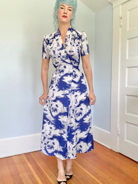 1930s Cold Rayon Custom Hawaiian Wrap Dress