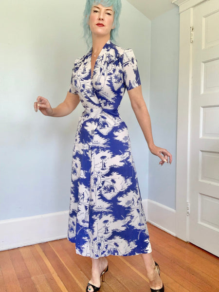 1930s Cold Rayon Custom Hawaiian Wrap Dress