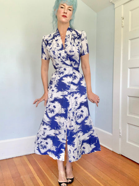 1930s Cold Rayon Custom Hawaiian Wrap Dress