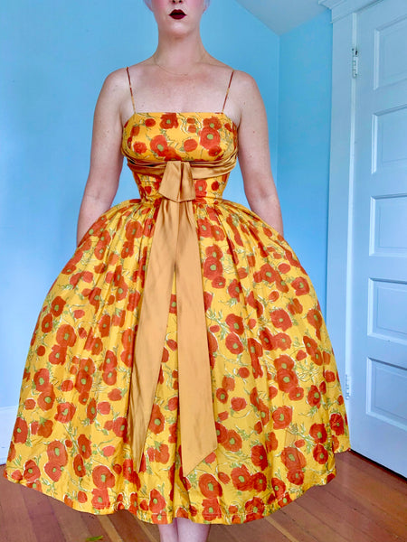 1950s Rich Autumn Floral Silk Party Dress