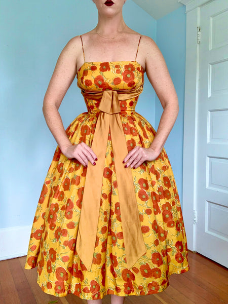 1950s Rich Autumn Floral Silk Party Dress