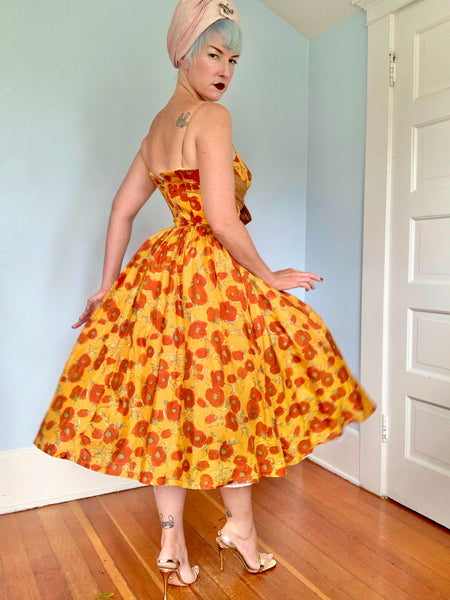 1950s Rich Autumn Floral Silk Party Dress