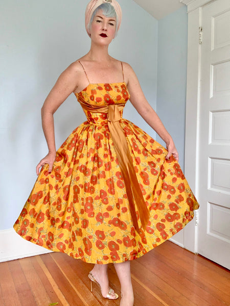1950s Rich Autumn Floral Silk Party Dress