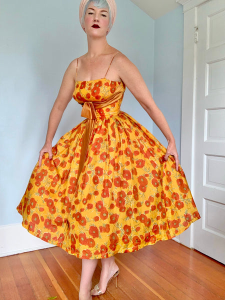 1950s Rich Autumn Floral Silk Party Dress