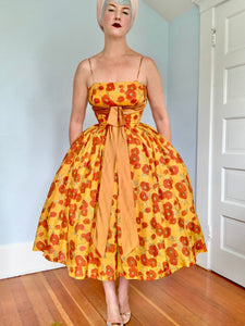 1950s Rich Autumn Floral Silk Party Dress