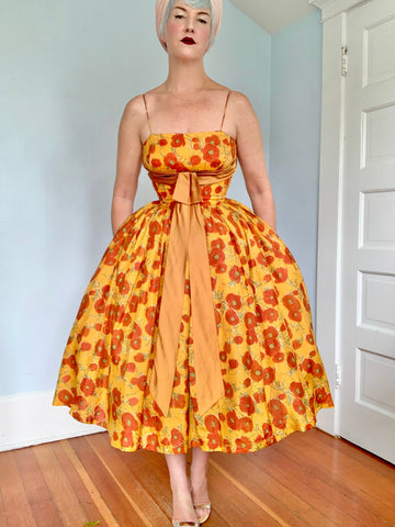 1950s Rich Autumn Floral Silk Party Dress