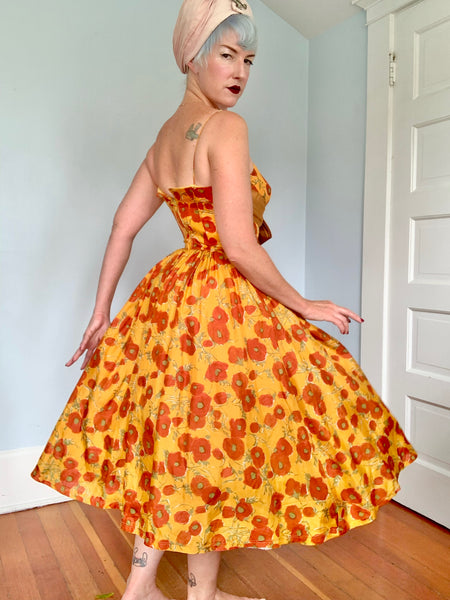 1950s Rich Autumn Floral Silk Party Dress