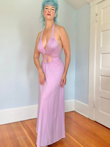 1970s “Climax by David Howard” Halter Maxi Dress w/ Crochet Spiderweb Midsection