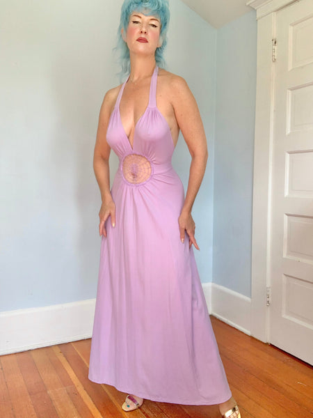 1970s “Climax by David Howard” Halter Maxi Dress w/ Crochet Spiderweb Midsection