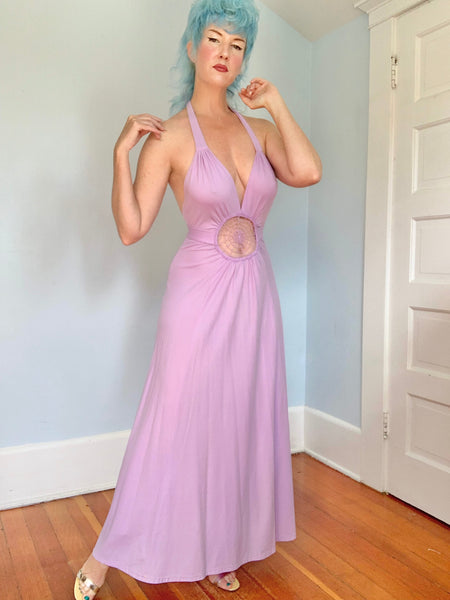 1970s “Climax by David Howard” Halter Maxi Dress w/ Crochet Spiderweb Midsection