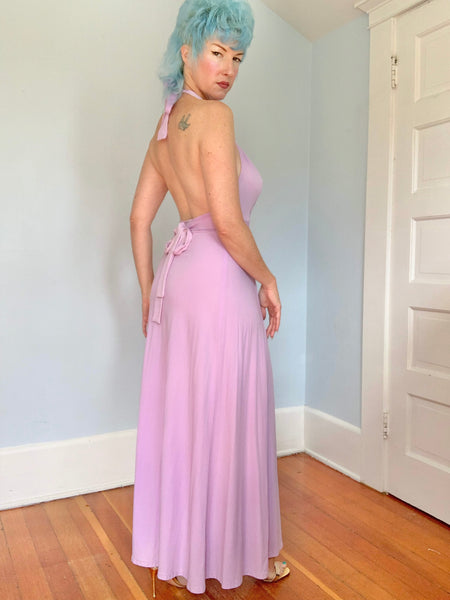 1970s “Climax by David Howard” Halter Maxi Dress w/ Crochet Spiderweb Midsection