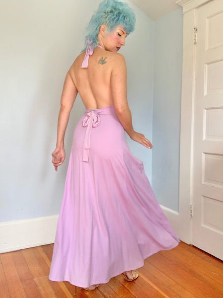 1970s “Climax by David Howard” Halter Maxi Dress w/ Crochet Spiderweb Midsection