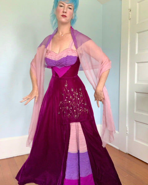 Custom Made 1940s Silk Velvet w/ Silk Chiffon Evening Gown & Shawl