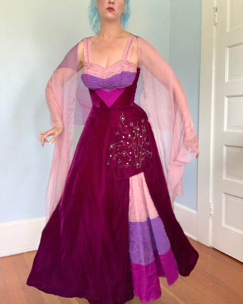 Custom Made 1940s Silk Velvet w/ Silk Chiffon Evening Gown & Shawl