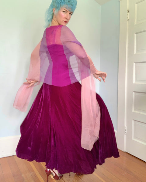 Custom Made 1940s Silk Velvet w/ Silk Chiffon Evening Gown & Shawl