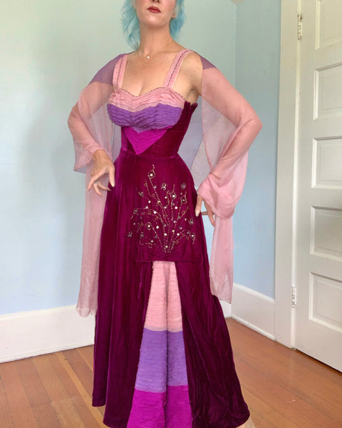 Custom Made 1940s Silk Velvet w/ Silk Chiffon Evening Gown & Shawl
