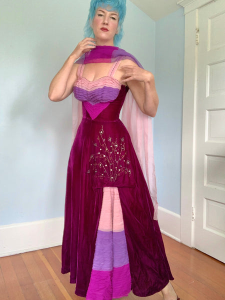Custom Made 1940s Silk Velvet w/ Silk Chiffon Evening Gown & Shawl