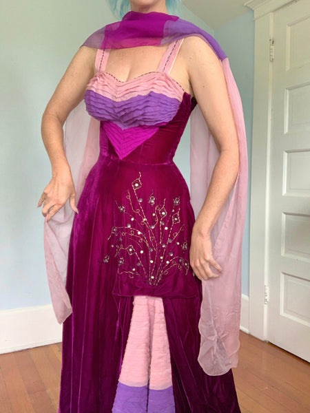 Custom Made 1940s Silk Velvet w/ Silk Chiffon Evening Gown & Shawl